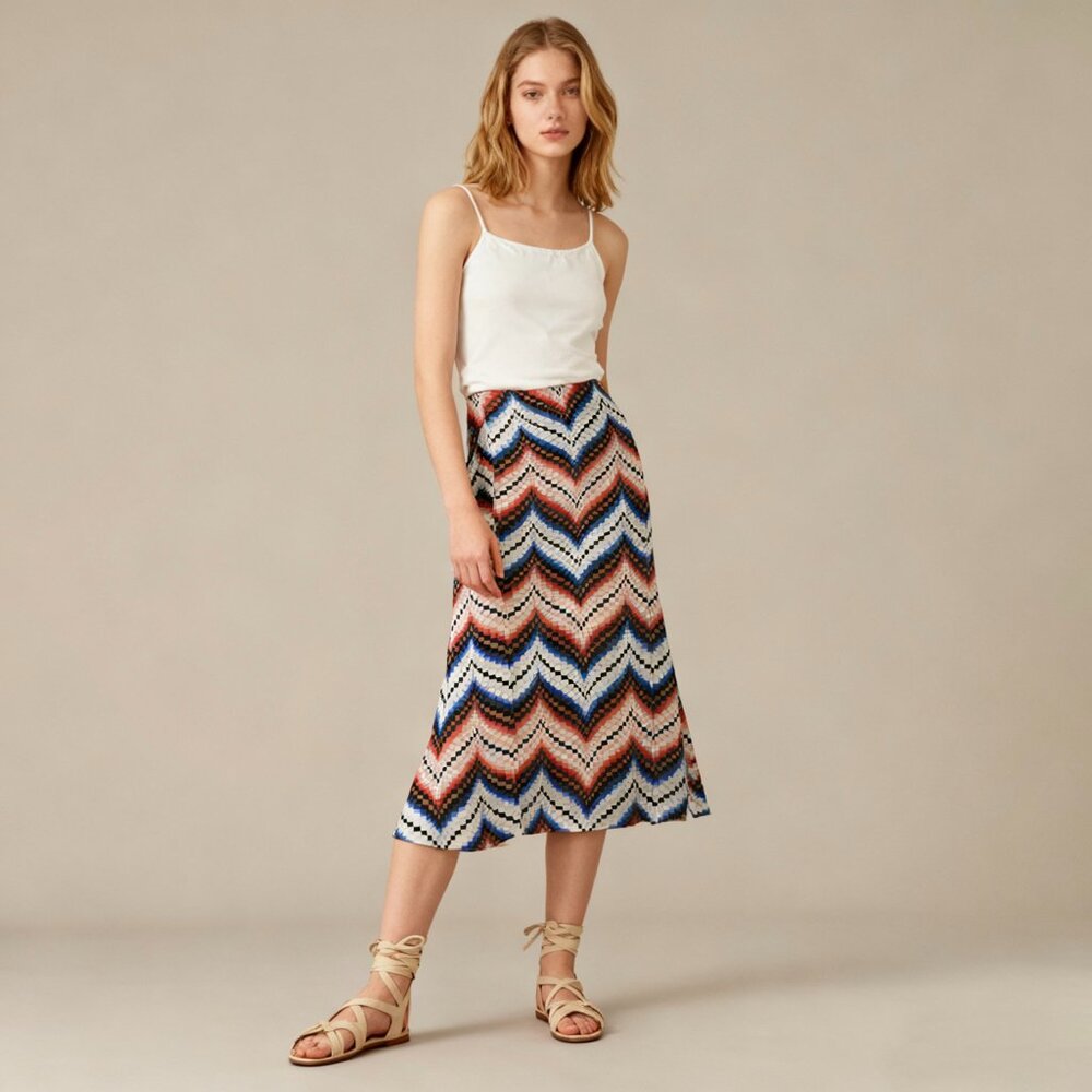 $708 KENZO Chevron Print Silk Midi Skirt In Red Size 38